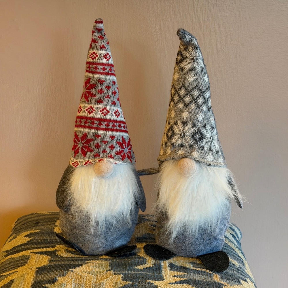 Set of 2 Holiday Gnomes Plush Christmas Decor Fair Isle Knit Hats 14 Inch